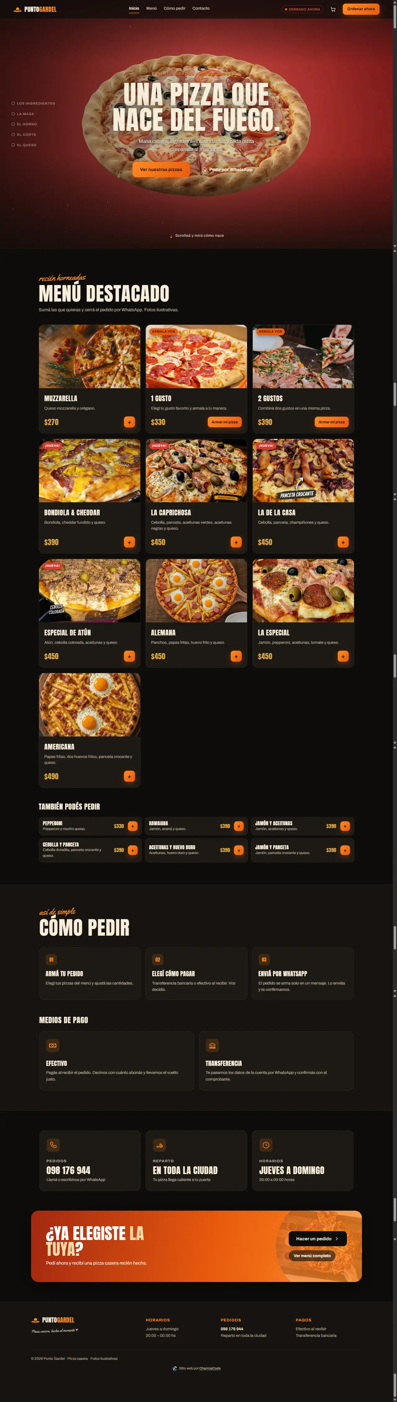Vista previa de la página de Punto Gardel: pizza casera, menú destacado con precios y cómo pedir por WhatsApp