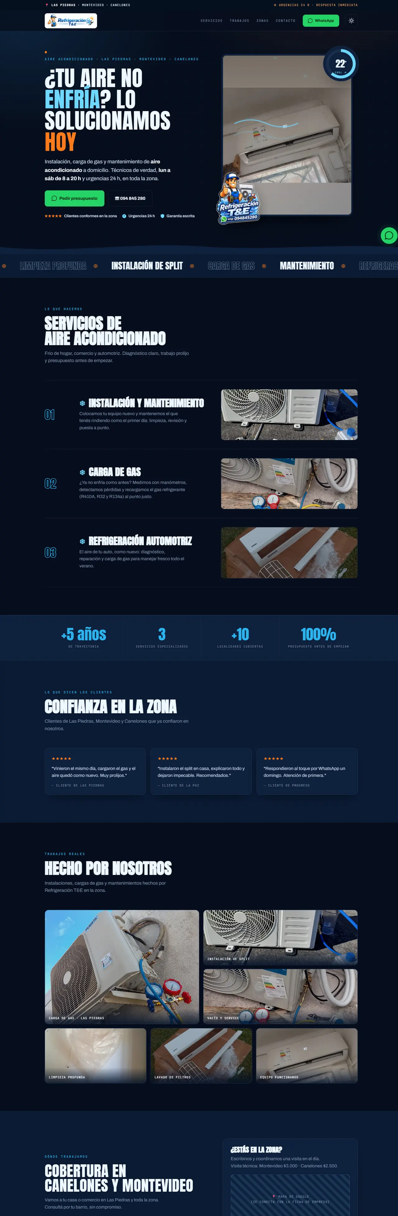 Vista previa de la página de Refrigeración T&E: inicio, servicios de aire acondicionado, trabajos realizados y zonas de cobertura